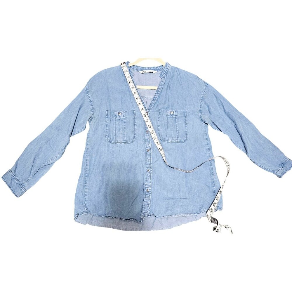 Zara Womens Chambray Button-Front Shirt M Blue Long Sleeve Casual - Picture 9 of 9